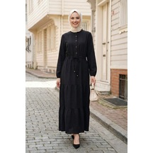 Hb Harma Time Butik Kadın Düğmeli Bağcıklı Siyah Tesettür Keten Elbise Siyah Siyah