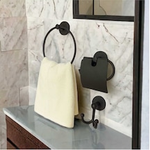 Yapışkanlı Banyo Aksesuar Seti Yuvarlak Havluluk Kapaklı Tuvalet Kağıtlığı Bornozluk Siyah