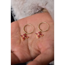 Papatya Silver 925 Ayar Gümüş Gold Kaplama Fuşya Zirkon Taşlı Plumeria Halka Küpe