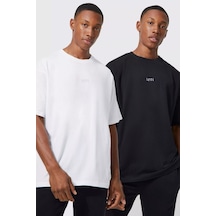 2'li Man Yazılı Süprem T-shirt - Siyah Beyaz Baskılı Oversize Bisiklet Yaka Tişört Siyah Beyaz