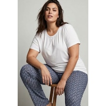 Siyah İnci Desenli Büyük Beden Battal Boy Viskon Örme Pijama Takım 26120981 Ekru