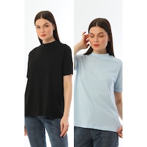 Kallima Siyah-Mavi 2'Li Paket Dik Yaka Rahat Kalıp  Pamuk T-Shirt Siyah - Mavi