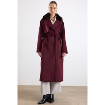 Olcay Oversize Çıkabilen Kürklü Düşük Kol Kaban Mürdüm 3178