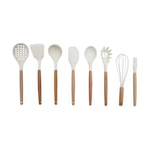 8 Parça Bambu Saplı Silikon Kepçe Spatula Mutfak Seti Krem
