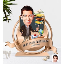 Kişiye Özel Yılın En Iyi Erkek Öğretmeni Karikatürlü 3D Ahşap Bib N11.3463