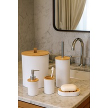 Makri Home 5 Parça Yuvarlak Banyo Seti, Bambu Kapaklı, Beyaz, Hacim: 7 Litre Beyaz