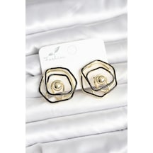 Tua Moda Pirinç Gold Renk Siyah Mineli Geometrik Gül Model Kadın Küpe Çok Renkli