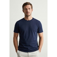 Elemge Pamuk Likra Magic Fit Lacivert Erkek T-shirt Compact Penye Kısa Kol Tişört Elastan