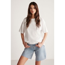 GRIMELANGE Jemmy Kadın %100 Organik Pamuk Relaxed Fit Yırtmaçlı Yuvarlak Yakalı Beyaz T-shirt Beyaz