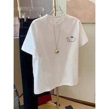 20/1 Penye Compack Gülücük Baskılı Oversize Bisiklet Yaka Kısa Kol Yazlık T-shirt - Beyaz Beyaz