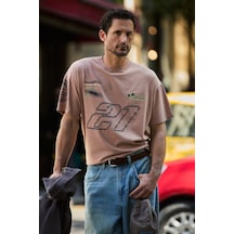 Grımelange Spıez Erkek %100 Organik Pamuklu Yıkama Ve Baskı Detaylı Regular Vizon T-shirt