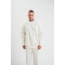 Erkek Uzun Kol Bisiklet Yaka 3 İplik Pamuklu Kışlık Sweatshirt - Beyaz