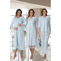 Effortt Kadın Mavi Güpür Dantelli Lohusa Hamile 4'lü Set 7046 Mavi