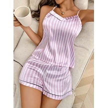 Kadın Beyaz Pembe Çizgili Saten Şort Pijama Takımı 2237 Beyaz