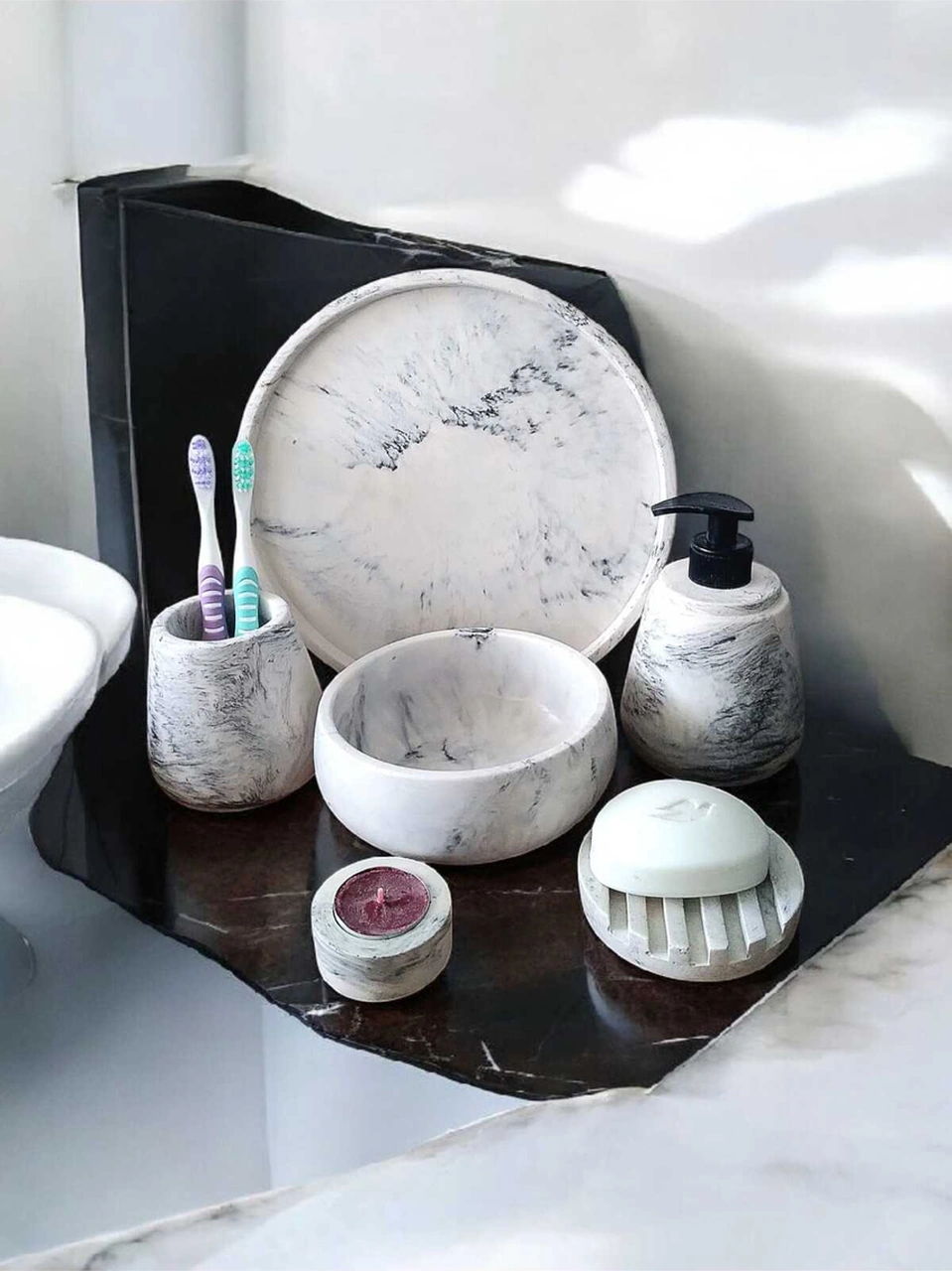 6'lı Mermer Desen Beton Banyo Seti, Sıvı Sabunluk Diş Fırçalığı Aksesuar Takımı Gri