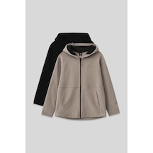 Standart Fit Kapüşonlu 2li Paket Siyah-koyu Bej Kız Çocuk Sweatshirt - 75152 Siyah - Antrasit