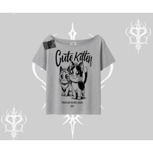 Tarzsokak Cute Kitten Yazılı Sevimli Kedi Baskılı Kayık Yaka Tshirt Gri