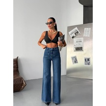 Herton Kadın Yüksek Bel Wide Leg Jean Pantolon Bol Paça Modern Kesim Denim Koyu Mavi