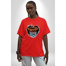 Basketbol Potası Bulutlu Siyah Pamuklu Bisiklet Yaka Unisex Oversize Boyfriend Dijital Baskılı Kırmızı T-shirt Kırmızı