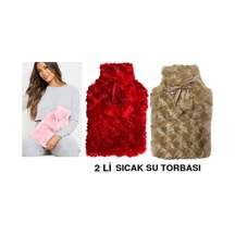 Sıcak Su Torbası 2 Adet Ponponlu Termofor 26x17x2cm 1 Litre Kırmızı-bej