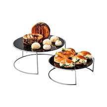 Edora Home Gümüş Ikili Büyük Boy Metal Sunumluk/ Siyah Pleksi Pasta Servis Seti - Paslanmaz