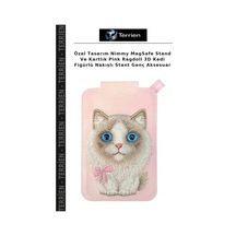 Özel Tasarım Nimmy Magsafe Stand Ve Kartlık Pink Ragdoll 3d Kedi Figürlü Nakışlı Stant Genç Aksesuar