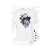 Unisex Beyaz Mitoloji Heykel Baskılı Oversize T-shirt Beyaz