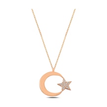 Çekirdekjewelry 925 Ayar Gümüş Ay Yıldız Taşlı Kolye Zirkon Taşlı Şık Kadın Kolye Pembe
