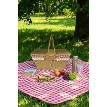 Buffer 2 Kapaklı Dikdörtgen Hasır Görünümlü Piknik Sepeti, Plastik Rattan, Doğal Renk, Dantel Ve Ekose Detaylı, 38.5x26x18 Cm Aahşap