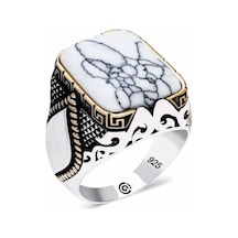 ​Gümüş Çizgili Beyaz Taşlı Köşeli Erkek Yüzük - 556659432