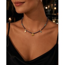 Mystic Nazar Mor Kristal Görünümlü Boncuklu, Turkuaz Detaylı Yonca Ve Nazar Charm Kadın Choker Kolye Renkli