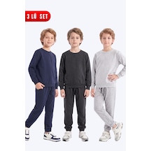 Fyk Kids 3'lü Erkek Çocuk Düz Bisiklet Yaka Çift Cepli Eşofman Takımı Lacivert-füme-gri