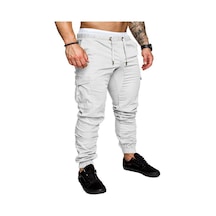 Erkek İlkbahar Ve Sonbahar Uzun Pantolon Moda Günlük İpli Elastik Pantolon Düz Renk Cepli Pantolon Beyaz