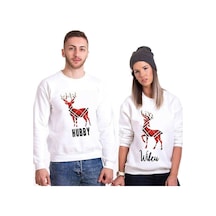 Tshirthane Hubby Wifey Geyik Sevgili Kombinleri Unisex Sweatshirt Kırık Beyaz