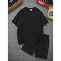 Pandy Unisex Siyah Oversize Bol Kalıp T-shirt Şortlu Alt Üst Ikili Takım Siyah