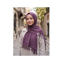 Umttrend Pamuklu Boncuklu Püsküllü Kadın Yazma Eşarp 110x110 Cm Mürdüm