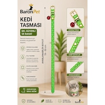 Kedi Tasması 19-30 Cm Yeşil Desenli Zilli Ayarlanabilir Suni Deri Altın Tokalı Kedi Boyun Tasması