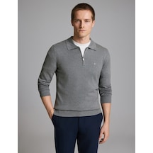 Pierre Cardin Gri Melanj Slim Fit Fermuarlı Polo Yaka Basic Triko Kazak 50333917-vr086
