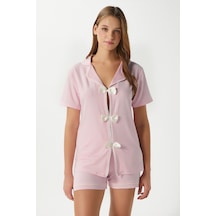 Ritnice Kadın Violet Pembe Şortlu Fiyonklu Alt Üst Pijama Takımı