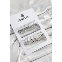 Pirinç Karışık Halka Model Gümüş Renk 6 Çift Kadın Küpe Set 5886 Çok Renkli 01074791