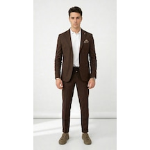Pike Kumaş Jogger Pantolonlu Erkek Takım Elbise Torba Cepli Tek Düğme Slim Fit Kombin Kahverengi