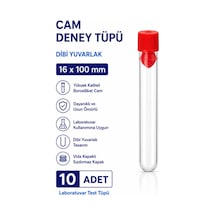 16x100 Mm Cam Deney Tüpü Dibi Yuvarlak Kapaklı 10 Adet Laboratuvar Test Tüpü