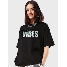 Wear Vexel Kadın Kısa Kol Yazlık Tişört Bisiklet Yaka Vıbes Baskılı T-shirt - Siyah Siyah