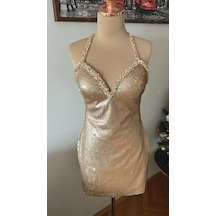 Chica Rosa Fashion Dore Swarowskı İşlemeli Parti Elbisesi Altın