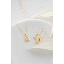Nereze 925 Ayar Gümüş Burgu Zincirli Gold Tektaş Model Küpe ve Kolye Set