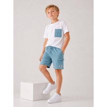 Cg Kids Kargo Cepli Mavi Şort & Beyaz T-shirt Cep Detaylı Erkek Çocuk Alt Üst Takım Mint Yeşili
