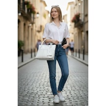 Kadın Tote Shopper Çanta Kontrast Dikiş Ön Cep Ve Cüzdan Detaylı Geniş Hacimli Casual Günlük Omuz Çantası Krem