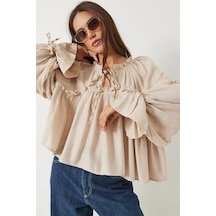Shade Kadın Bağlama Detaylı Balon Kol Salaş Gofre Bluz 252 60282002 - Bej