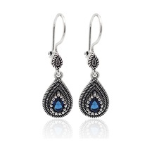 Safir Taşlı Damla Model Oksitli Telkari Gümüş Bayan Küpe 201023142