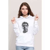 Muhammed Ali Illustrator Baskılı Beyaz Kadın Kapşonlu Sweatshirt